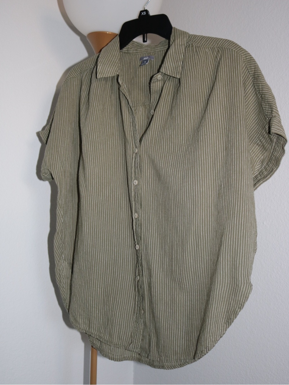 Aerie Oversized XS Olive Green Stripe Button Down Shirt Cottage Coastal